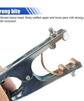 Heavy Duty 500A Copper Welding Ground Clamp with strong spring and high conductivity, close-up view, electroplated ground clip for welders.