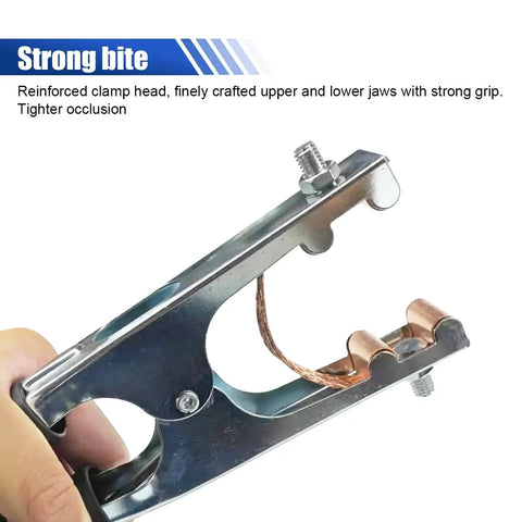 Heavy Duty 500A Copper Welding Ground Clamp with strong spring and high conductivity, close-up view, electroplated ground clip for welders.