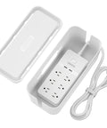 Surge Protector Power Strip With Cable Management Box 6 Outlets And 2 USB Ports Switch Control Flat Plug 5 Foot Heavy Duty Extension Cord Cord Organizer Box For Home And Office White showing lid and coiled cord