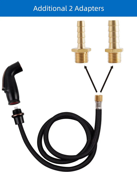 No Fuss Universal Kitchen Sink Side Sprayer Replacement Kit With Heavy Duty Hose And Secure Bracket In Slick Oil Rubbed Bronze Finish Using Standard Quarter Inch Thread And Handy Adapter Sets For Quick Swap To Almost Any Popular Faucet Model Today featuring adapters and hose.