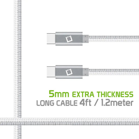Dual USB C PD 60W Fast Charging Cable With 5Gbps Data Transfer For Power Delivery High Capacity Charging For Mobile Devices Tablets And More Black Ultra Durable Braided Cable, 5mm thick, 4ft white braided USB-C cable