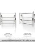 Towel Warmer With Built In Timer And LED Indicators, 1 to 8 Hour Modes, Wall Mounted, Four Round Bars, Brushed Stainless Steel, Two Installations