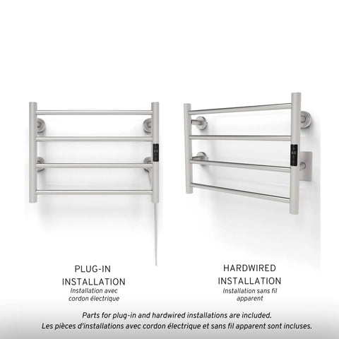 Towel Warmer With Built In Timer And LED Indicators, 1 to 8 Hour Modes, Wall Mounted, Four Round Bars, Brushed Stainless Steel, Two Installations