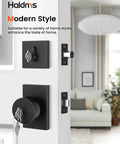 Matte Black Exterior Door Lock Set With Deadbolt, Built To Last, Front Door Knob With Lock And Key, in modern living room setting.