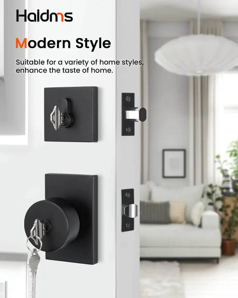 Matte Black Exterior Door Lock Set With Deadbolt, Built To Last, Front Door Knob With Lock And Key, in modern living room setting.