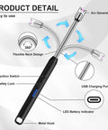 Diagram of 2 Pack USB C Rechargeable Candle Lighters With 360 Degree Flexible Neck And Safety Lock.