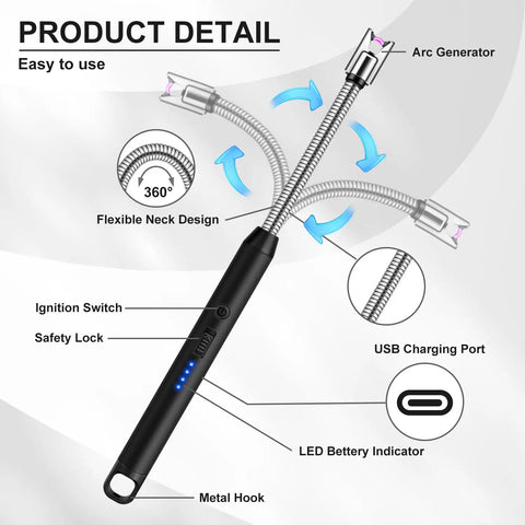 Diagram of 2 Pack USB C Rechargeable Candle Lighters With 360 Degree Flexible Neck And Safety Lock.