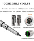 Annular cutters arbor MT3–3/4 inch Weldon shank drill press extension adapter; two cutters, 19 mm shank, 60 mm max dia.