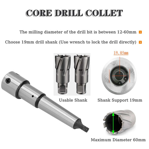 Annular cutters arbor MT3–3/4 inch Weldon shank drill press extension adapter; two cutters, 19 mm shank, 60 mm max dia.