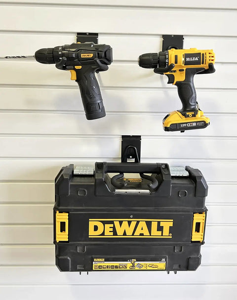 Beefy Power Tool Slatwall Organizer Kit With Anti Slip Weedeater Rack Trimmer Holder Drill Holder And 620 Series Slatwall Hooks holding drills and toolbox