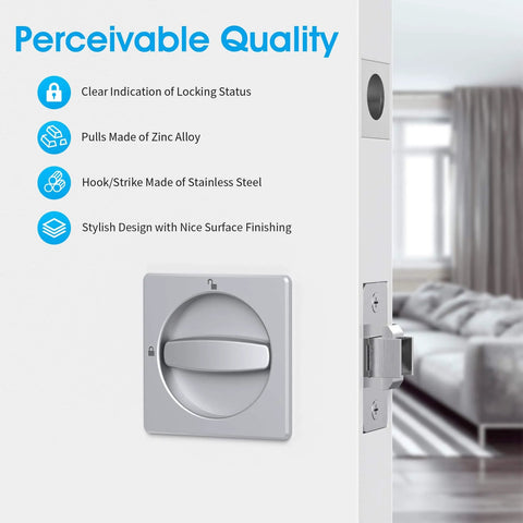 Boss Square Pocket Door Lock With Edge Pull And Flush Pull Sturdy Privacy Bifold And Cavity Sliding Door Hardware With Latch Zinc Alloy Fingermark Proof Finish In Satin Chrome installed on door
