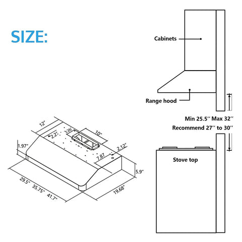 Dimensional drawing of 36 Inch Range Hood With 900 CFM Dual Motors Black Under Cabinet Kitchen Vent Hood Featuring Four Speed Gesture Sensing.