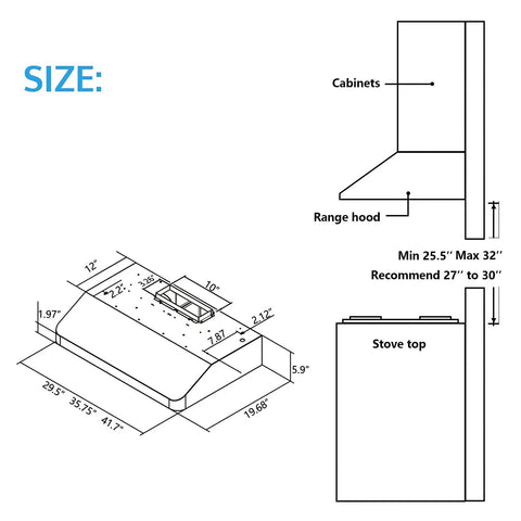 Technical diagram of a 42 Inch Under Cabinet Range Hood With 900 CFM Dual Motors, showing dimensions and installation guide.