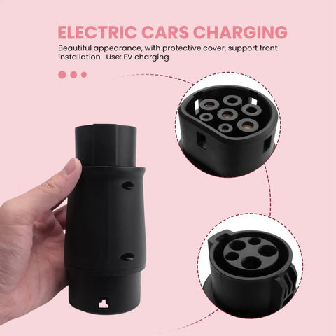 Rock Solid Type One To Type Two EV Charger Adapter Meets Sae J1772 Standards And Ip54 Weatherproof Rating For Any American Electric Ride With Sealed Safety Pins In Sleek Black Finish, held in a hand.