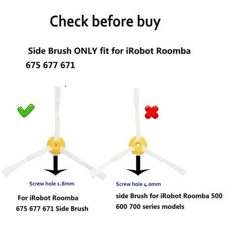 Comparison of side brushes for Roomba 675, 677, 671; correct version with 1.8mm screw hole next to incorrect 4.0mm version.