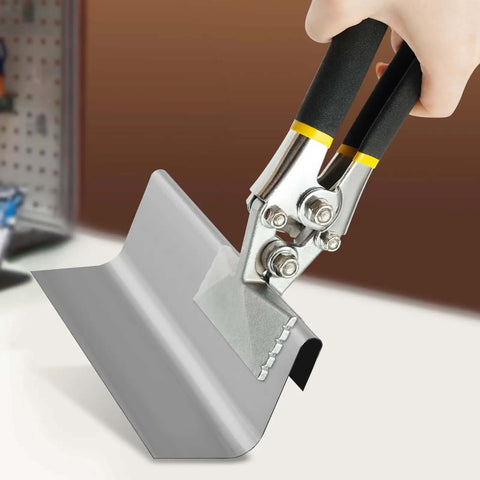 Hand Seamer For Sheet Metal With Straight And Curved Jaw, Pro Grade Manual Bender Tool With Ergonomic Handles in use on metal sheet.