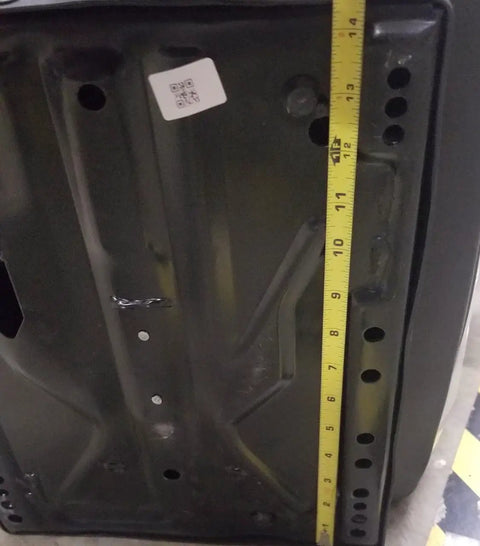 Underside view of Beefed Up Heavy Duty Tractor Seat With Mechanical Suspension Adjustable Armrests, showing mounting holes and dimensions.