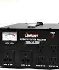 Front view of Beefy 3000 Watt Voltage Converter Transformer Heavy Duty Regulator With Auto Input Voltage Selection Model LR 3000UP showing sockets.