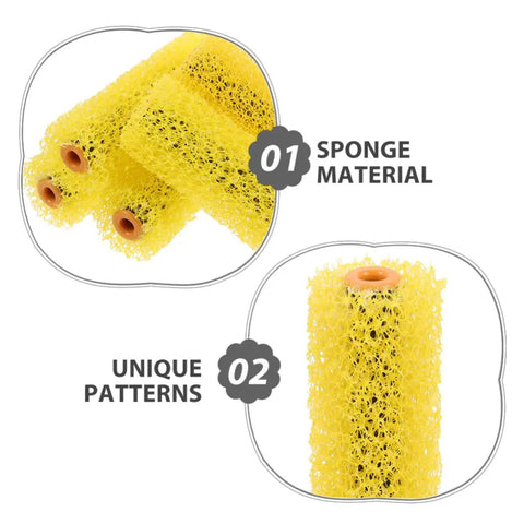 40 Pack Yellow Sponge Paint Rollers for Laying Down Sick Embossed Textures and Killer Decorative Patterns on Walls with Durable Applicator Sleeves That Go on Silky Smooth Every Single Time, showing sponge material and unique patterns.