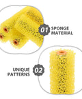40 Piece Yellow Sponge Texture Paint Roller Set For Slapping On Sick Embossed Wall Finishes On Heavy Duty Exterior House Jobs With Quick Swap Roller Cover Replacements And Thick Nap Plaster Stencil Kit, showing three unique sponge rollers.