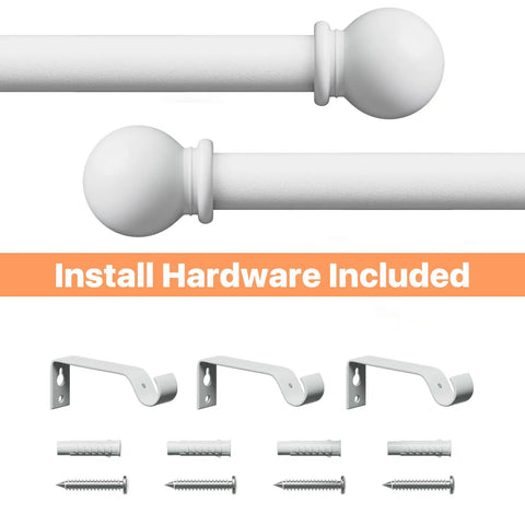 Heavy Duty Adjustable Curtain Rod Set 66 To 120 Inches For Outdoor Patio And Sliding Glass Doors Five Eighths Inch Splicing Rod In Matte White With Brackets And Ball Finials, showing included installation hardware.