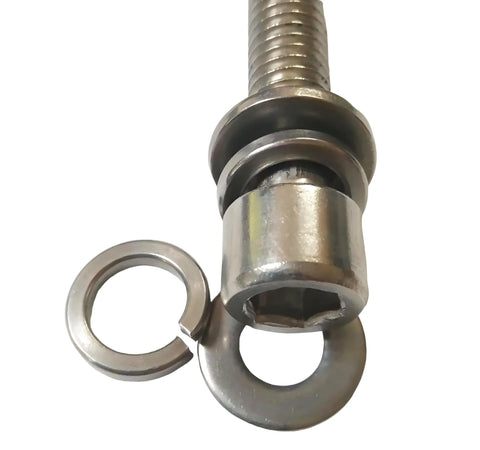 Close-up of a 304 stainless steel bolt with a split lock washer and flat washer.