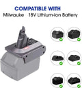 V6 Dyson Battery Adapter For Milwaukee 18V Battery M18 To Dyson V6 Converter, shown with compatible batteries.