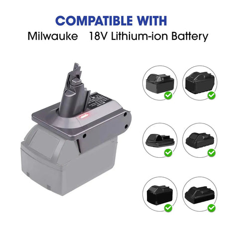 V6 Dyson Battery Adapter For Milwaukee 18V Battery M18 To Dyson V6 Converter, shown with compatible batteries.