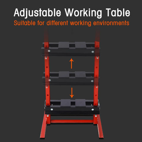 Adjustable working table with a sturdy red frame and black shelves for versatile work environments.