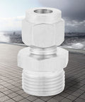 Front view of a 304 stainless steel double ferrule pipe fitting with M20x1.5 thread and 8 mm bore