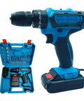 21V Brushless Cordless Drill And Screwdriver Set Heavy Hitter Power Tool Kit in blue with storage case and tools visible.