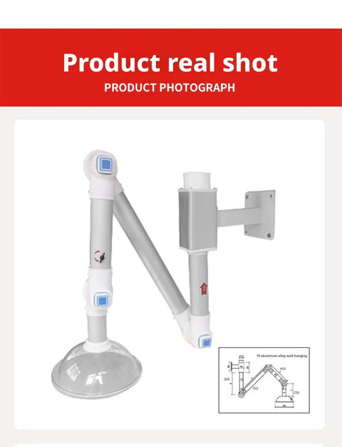 Slick Wall Mount Fume Extractor Hood With Adjustable Aluminum Arms And 360 Degree Tilt For No Sweat Laboratory Venting and Heavy Duty Air Capture Solution, showing arm details.