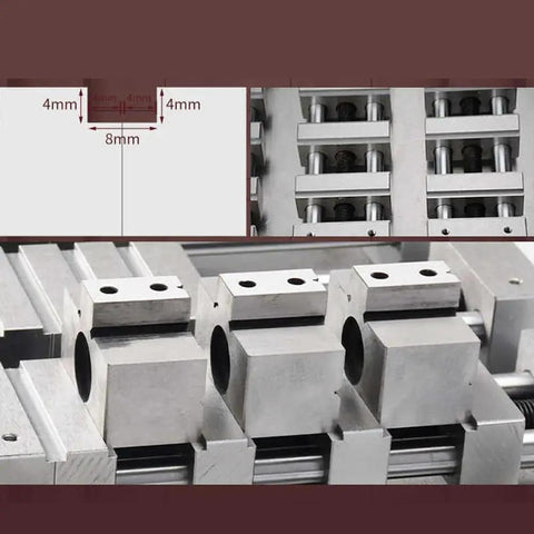 Close-up of Tough As Nails CNC Bench Vise with 4mm and 8mm dimensions, showcasing durable steel construction for precision machining.