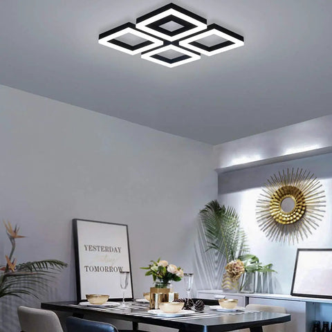 Dope Modern 4 Panel Aluminum Frame LED Ceiling Light Fixtures 52W Flush Mount For Living Room Bedroom Kitchen Cool White 6000K Matte Black Finish