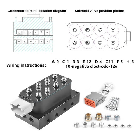 Air Ride Suspension Manifold Kit With Eight Valve And Quarter Inch NPT Ports 12V Bag Controller Valve Pneumatic Shock Absorber diagram