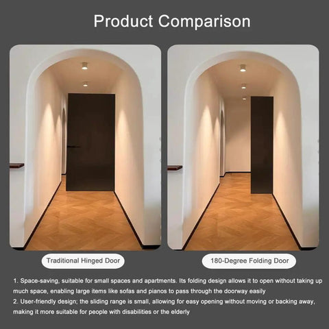 Comparison of traditional hinged door and 180 Degree Folding Door Hinge Kit For Small Spaces Wooden Sliding Hardware, highlighting space efficiency.