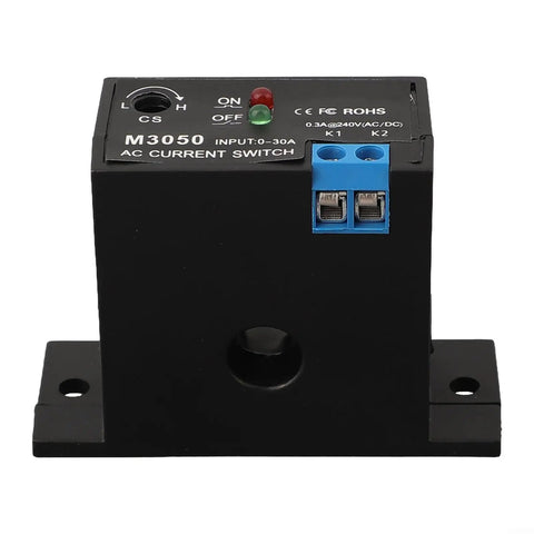 Self Powered AC Current Sensor Switch 30A Adjustable With Smart Current Monitoring Red Green LED Indicators No External Power Needed Output Signal Switching Input Output Isolation Ideal For Automation black module with blue terminals
