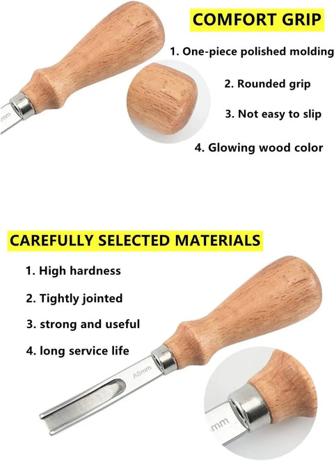 Pro Grade Leather Edge Skiving Beveler Set With Wooden Handle, Wide Mouth Leathercraft Edger with 4mm blade, wooden grip.