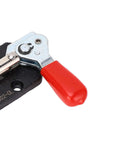 Close-up of Heavy Duty Dual Head Toggle Clamp for Machine Work and Soldering, Carbon Steel, showing red handle and metal mechanism