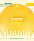 Two Leaf Scoops Set For Yard Cleanup Heavy Duty Plastic With Built In Handles Yall For Grabbing Leaves Grass Clippings Twigs And Mulch Durable Yellow Made In USA 2 Piece Pair in yellow color with measurement details
