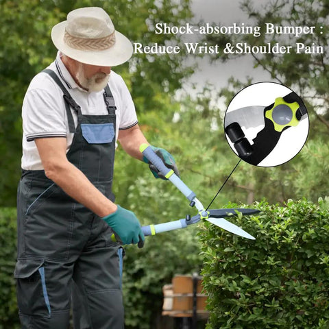 Man using 23 inch hedge shears from Three Piece Garden Pruning Tool Set With 28 Inch Lopper 23 Inch Hedge Shears And 8 Inch Bypass Pruner