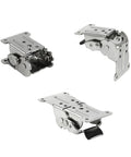 0-90-180 Degree Self Locking Folding Hinge for tables and chairs, shown in three angles, made of heavy-duty iron.