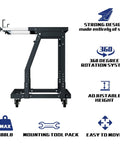 Adjustable steel cart with 360-degree rotation and casters, supports 300 lb, multi-use for workshops and garages