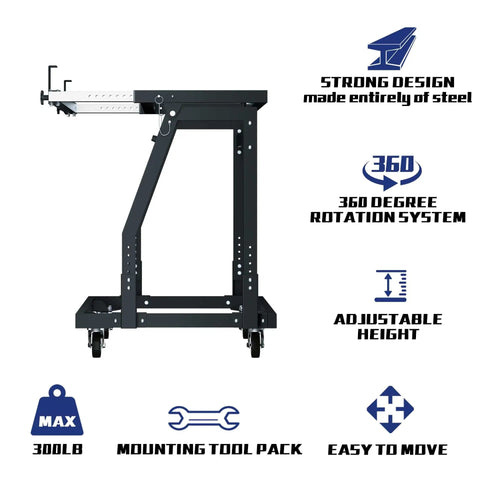 Adjustable steel cart with 360-degree rotation and casters, supports 300 lb, multi-use for workshops and garages