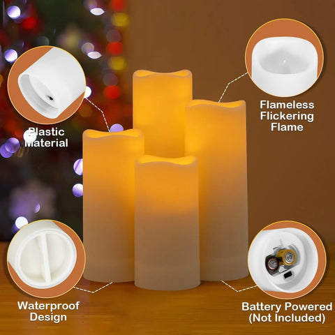 "Flameless Flickering LED Candles Set Of 12 Ivory Plastic Pillars With Remote And Timer, Battery Operated Candles on display."