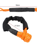 38,000 Lbs Synthetic Fiber Soft Shackle For Vehicle Recovery And Off Road Towing with protective sleeve, unfolded and coiled view
