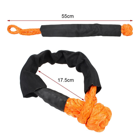 38,000 Lbs Synthetic Fiber Soft Shackle For Vehicle Recovery And Off Road Towing with protective sleeve, unfolded and coiled view