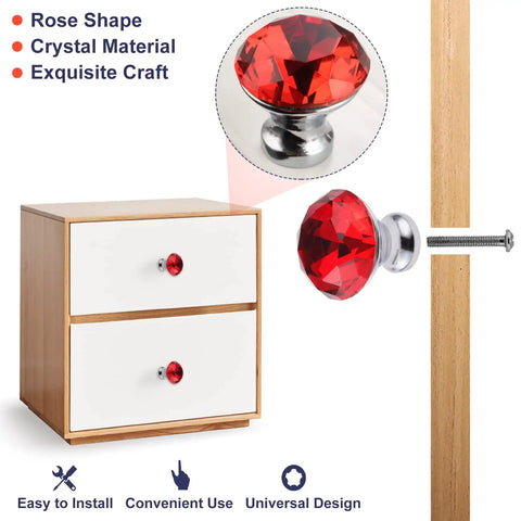 5 Pcs Red Crystal Cabinet Knobs Knockout Diamond Shape Handles with Screws for Dresser Closet Wardrobe Cupboard Kitchen Furniture to Get that Bougie Vibe in Shiny Polished Chrome Glass Pulls Total Game Changer Decor on wooden drawer.