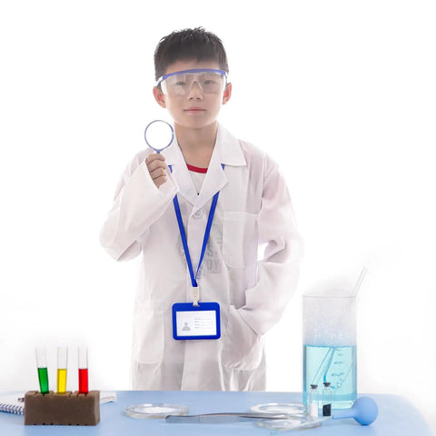 Child in Kids Doctor Scientist Costume Kit With Lab Coat Goggles ID Card Magnifying Glass For Halloween Dress Up Blue XS
