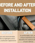 Before and after installation of Premium Leather Seat Belt Cover For Tesla Cybertruck Featuring Quilted Smooth Surface, showcasing transformation.